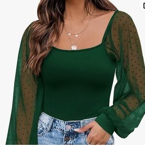 NWT Dorose green Swiss dot mesh puff long sleeve Top size XXL.